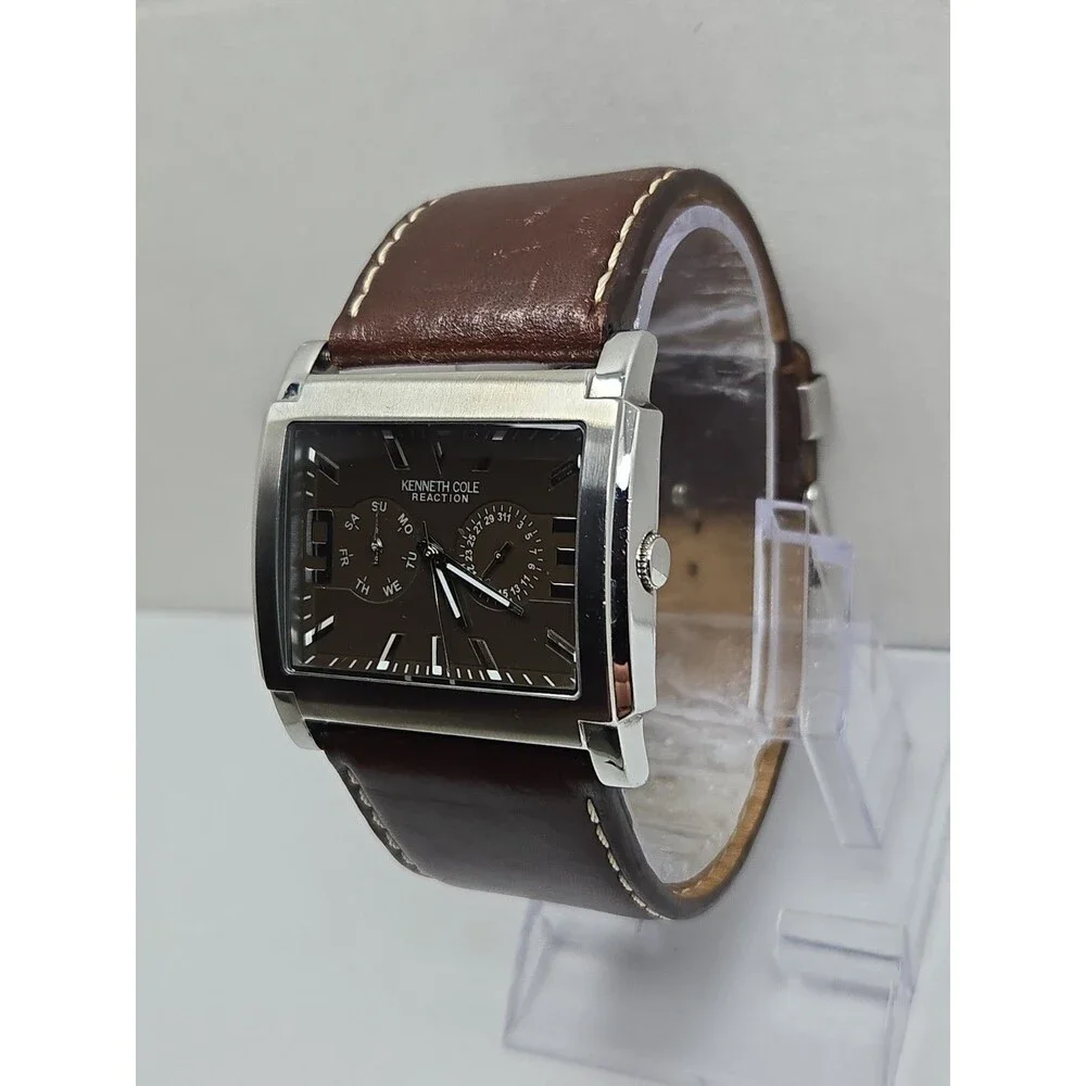 Kenneth Cole Reaction Mens Tank Brown Dial Date Leather Watch New Battery *READ